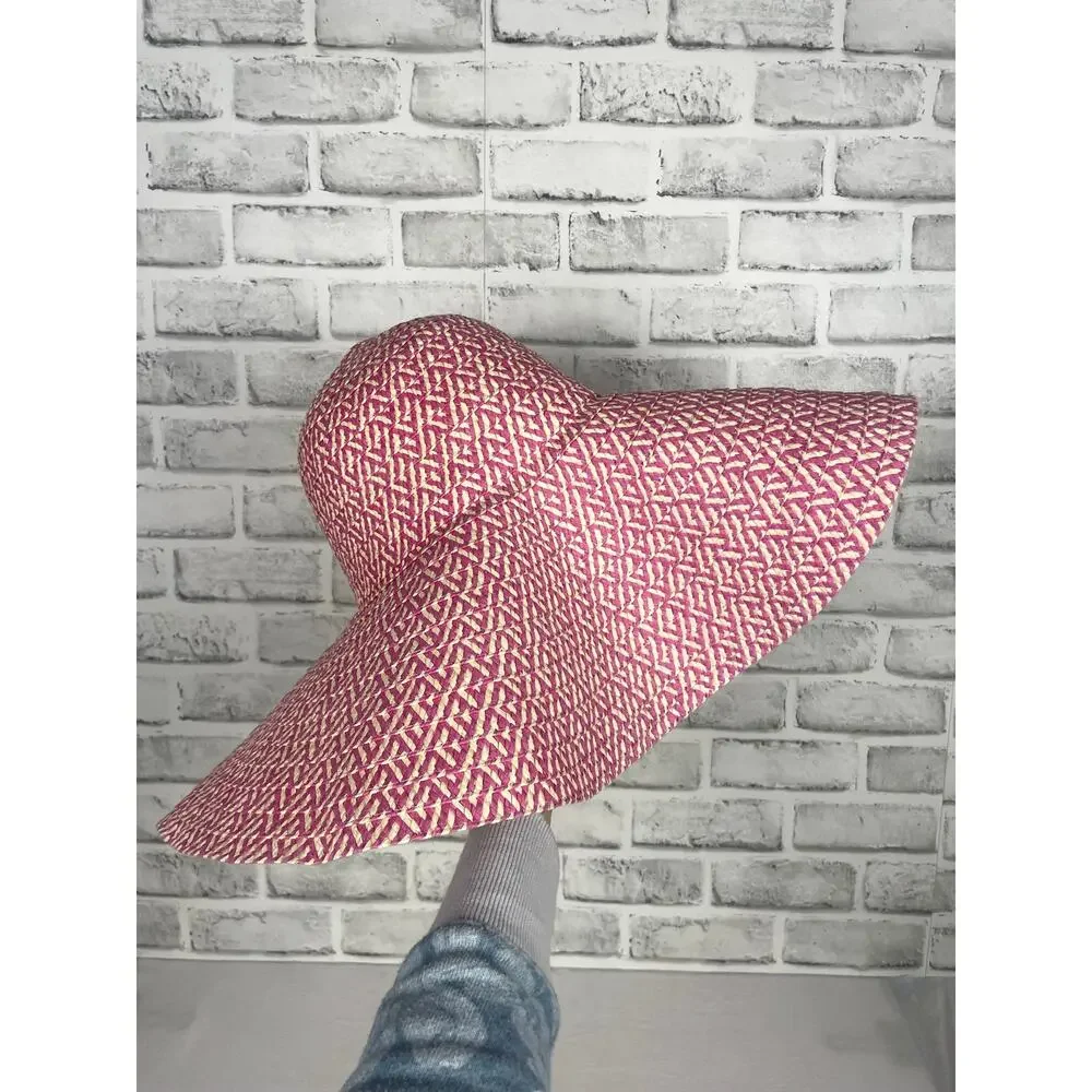 Wide Brim Straw Sun Hat Pink Beige Chevron Floppy Beach Summer Packable